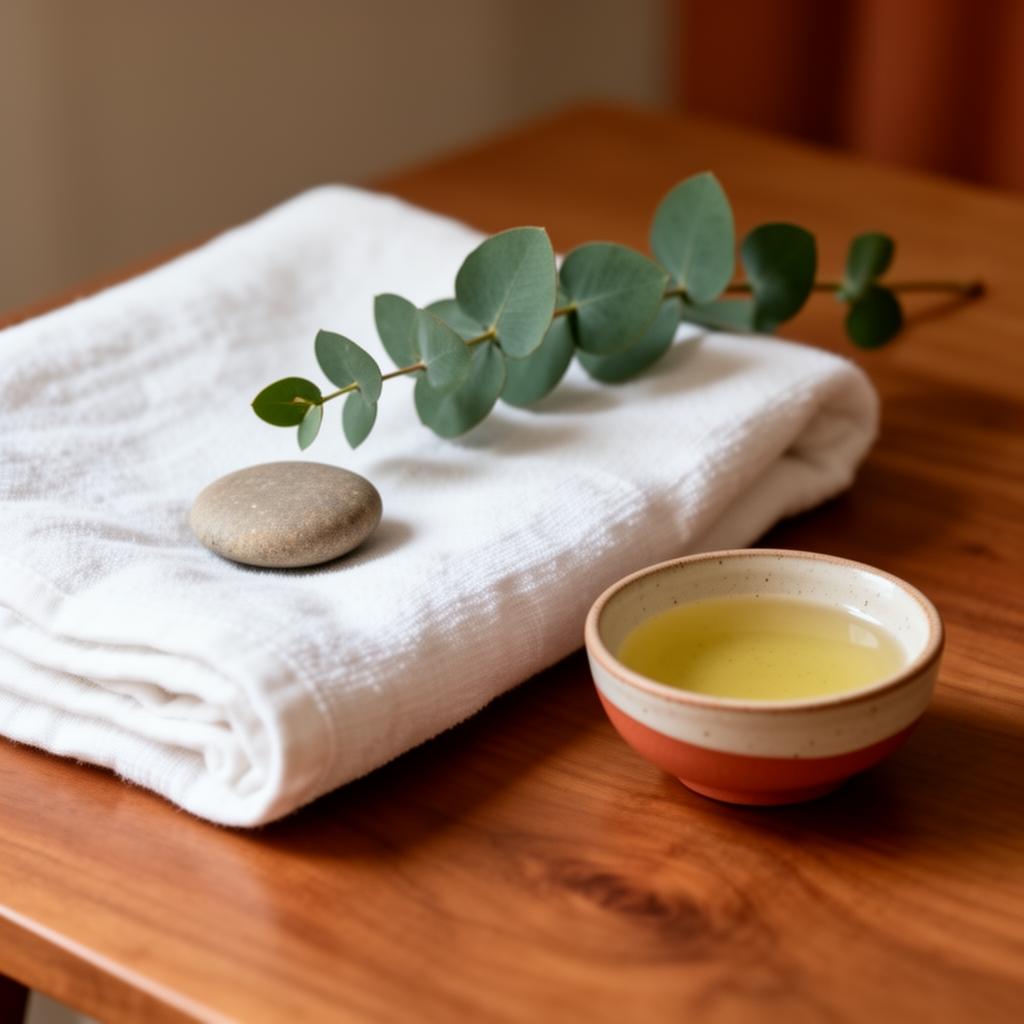 Spa-detaljer: handduk, sten, eukalyptus och en skål med massageolja