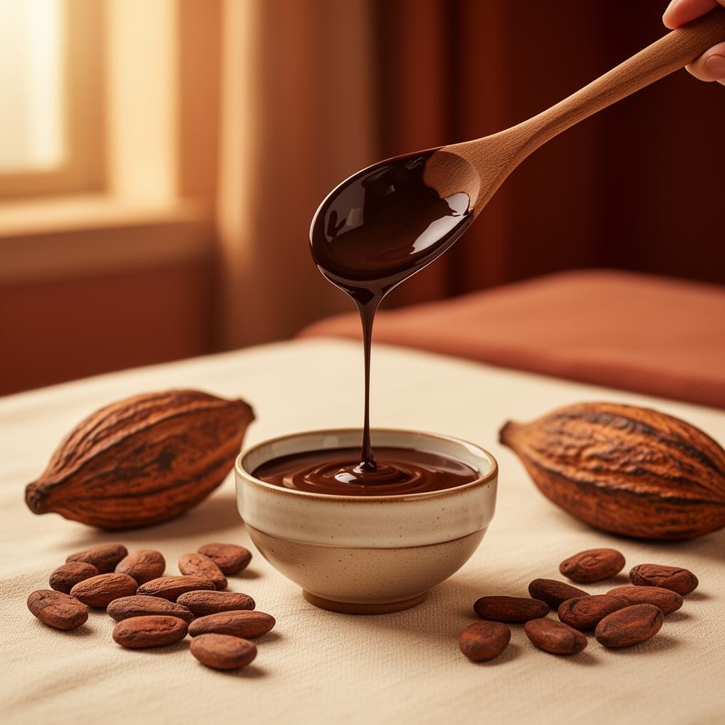Mörk chokladolja som rinner från en träsked ner i en keramikskål