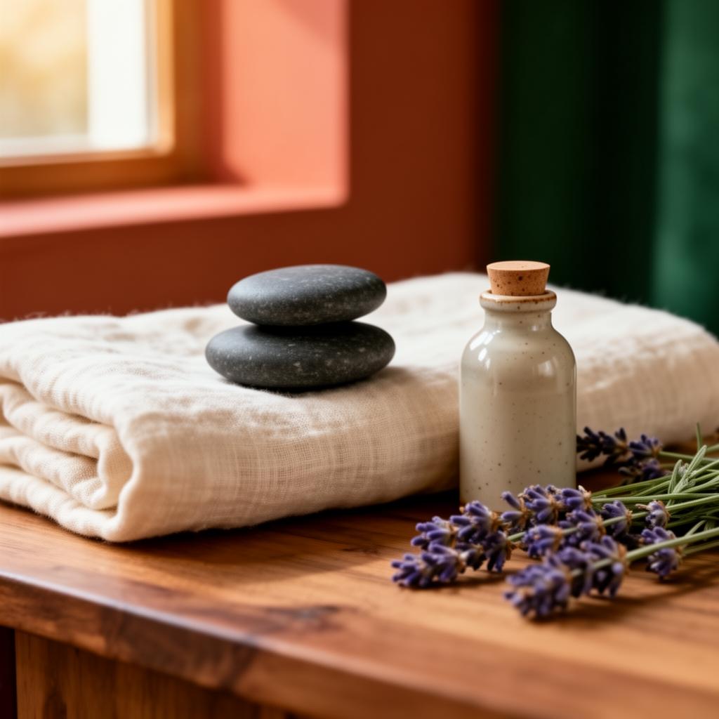 Massagestenar, linnehandduk och lavendel på ett trägolv i varmt ljus