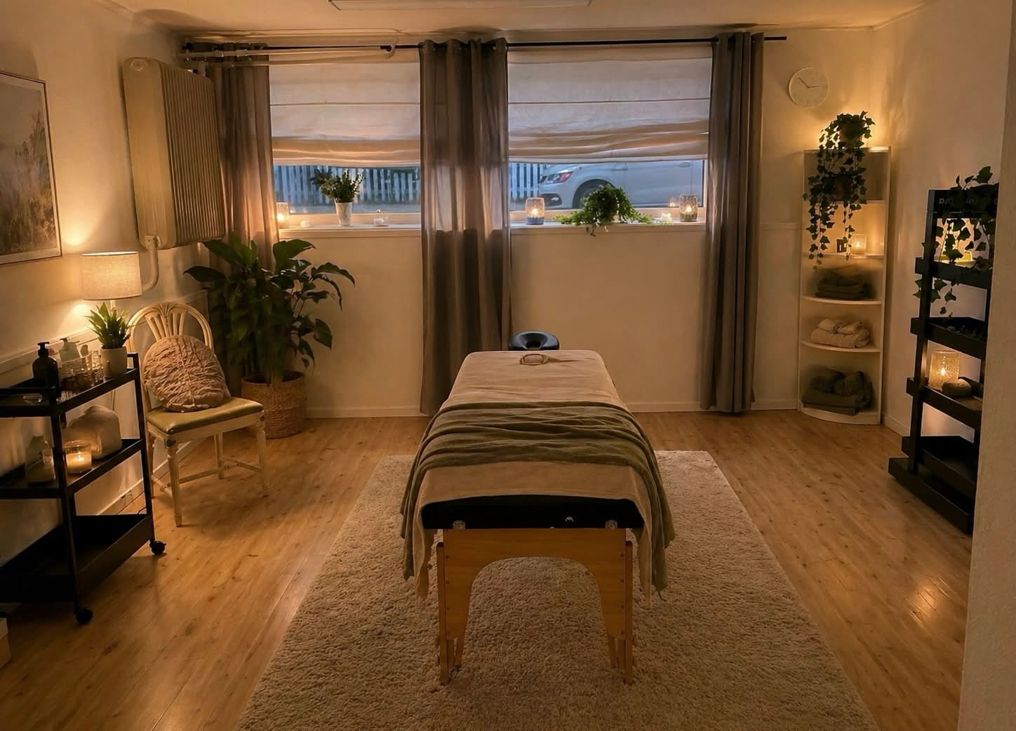 Aurells behandlingsrum i Karlstad — varm belysning, växter och massagebänk